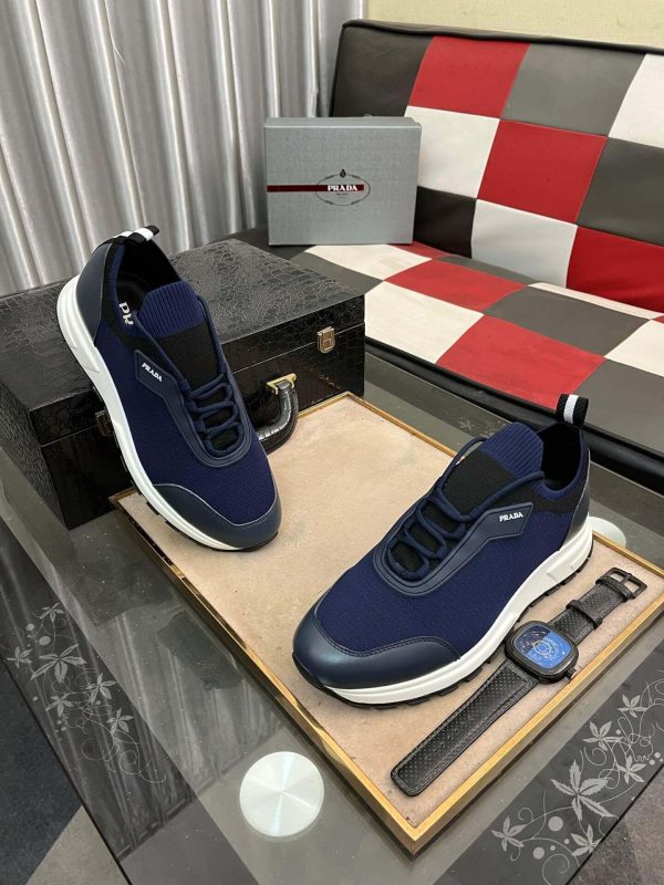 Pradamen_ssneakerinadarkbluecolor_withawhitesoleandblackaccents._8 (1) Prada Linea Rossa Knit Sneaker in Blue