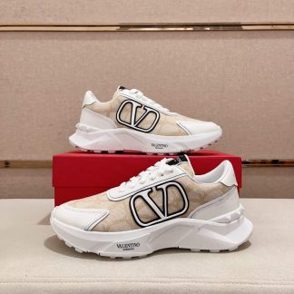 Valentino Garavani True Act Low-Top Trainer in White Nappa Leather And Beige Toile Iconographe Fabric