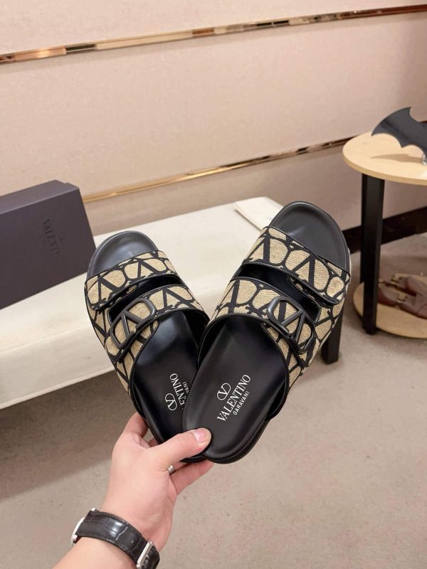 Valentino VLogo Beige and Black Toile Iconographe Sandals