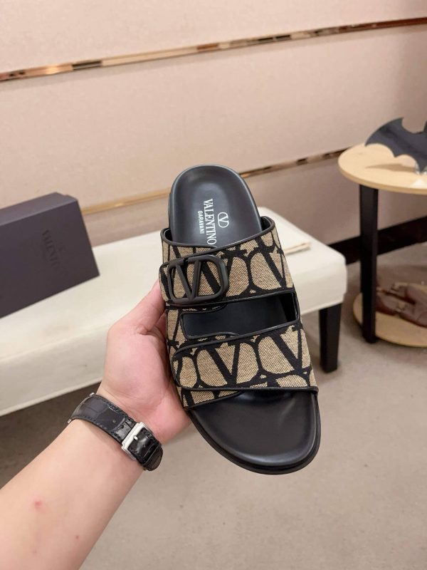 Valentino VLogo Beige and Black Toile Iconographe Sandals