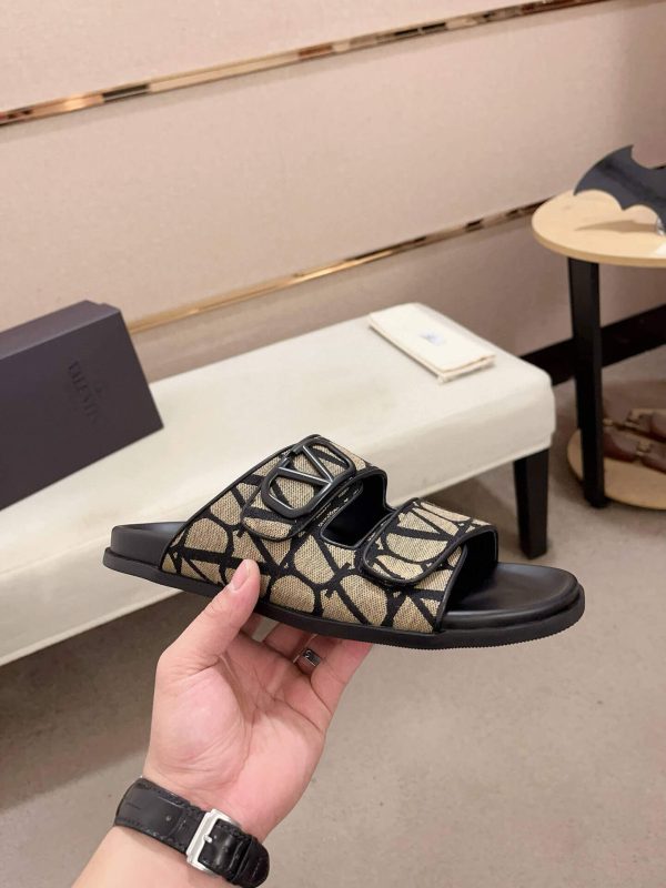 Valentino VLogo Beige and Black Toile Iconographe Sandals