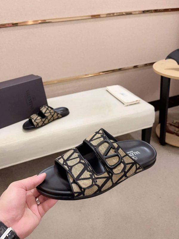 Valentino VLogo Beige and Black Toile Iconographe Sandals