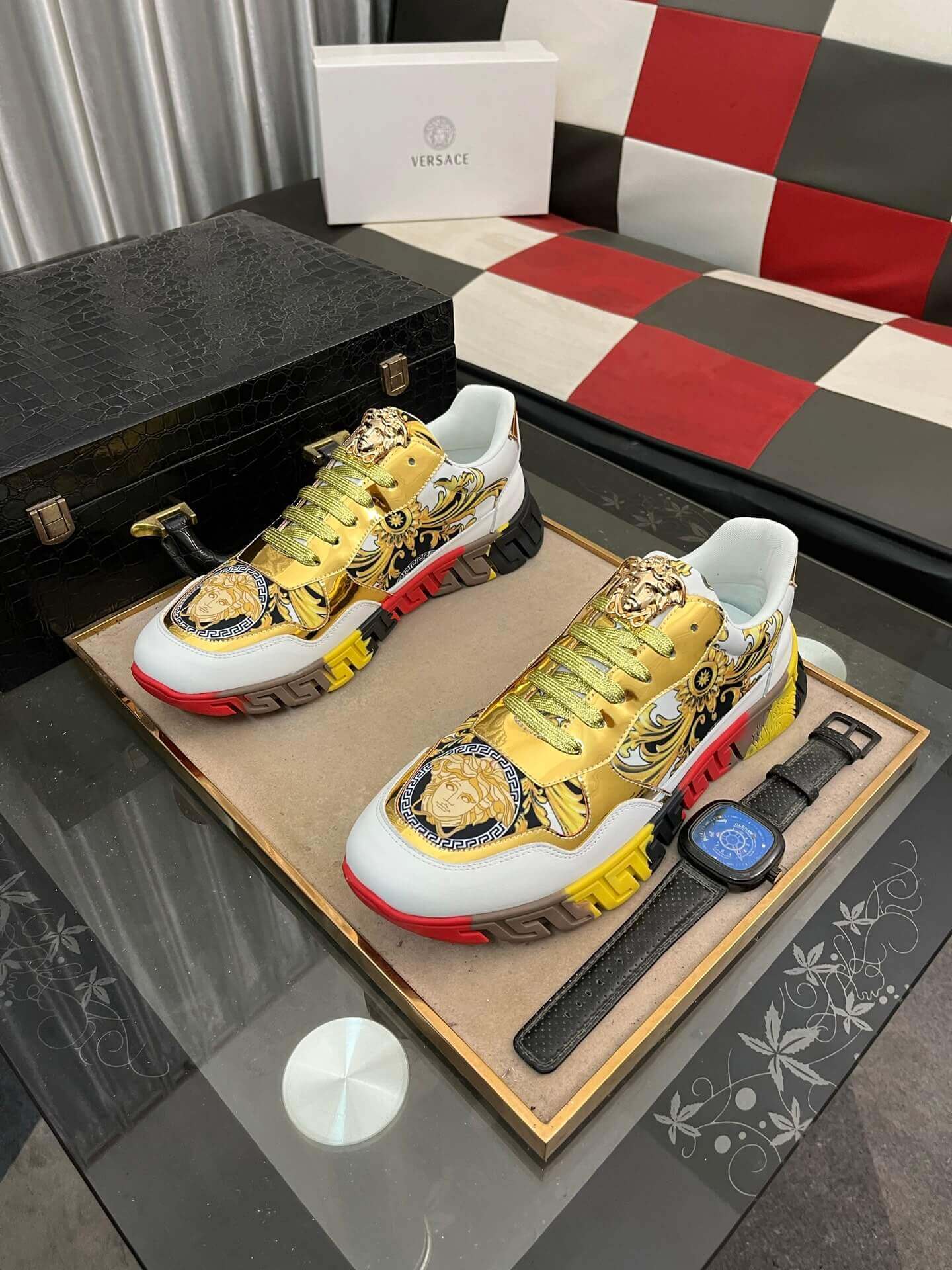 Versace White and Gold Trigreca Sneakers with Medusa Head and Baroque 1 Versace White and Gold Trigreca Sneakers with Medusa Head and Baroque