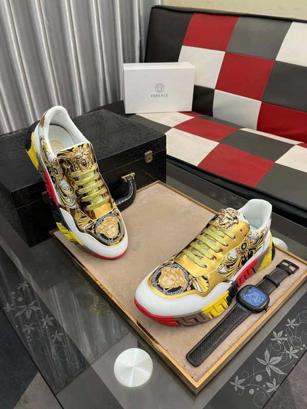 Versace White and Gold Trigreca Sneakers with Medusa Head and Baroque