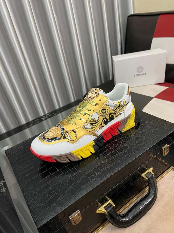 Versace White and Gold Trigreca Sneakers with Medusa Head and Baroque