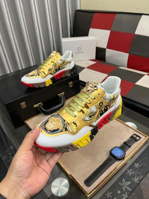 Versace White and Gold Trigreca Sneakers with Medusa Head and Baroque