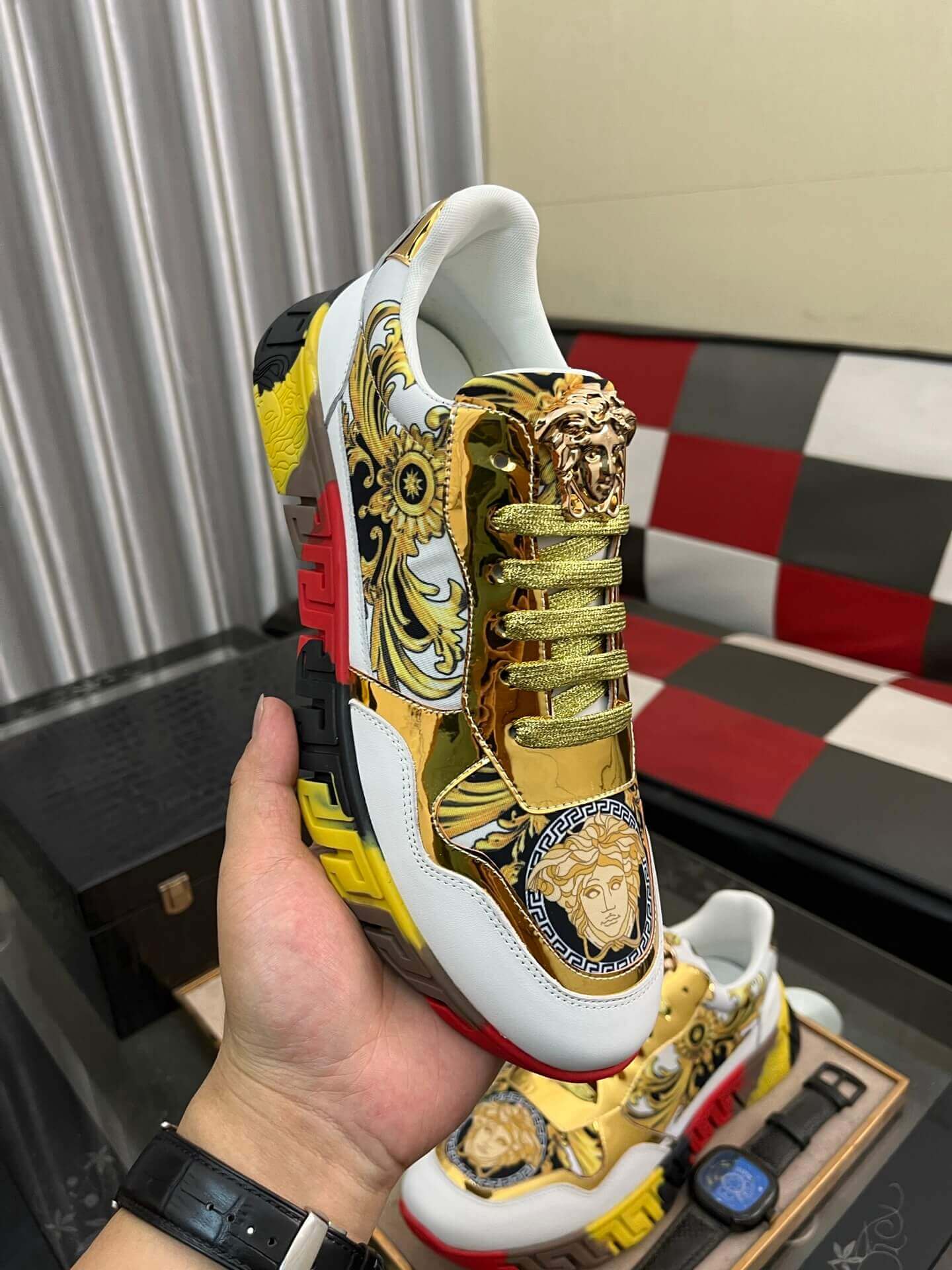 Versace White and Gold Trigreca Sneakers with Medusa Head and Baroque 9 Versace White and Gold Trigreca Sneakers with Medusa Head and Baroque - Image 9