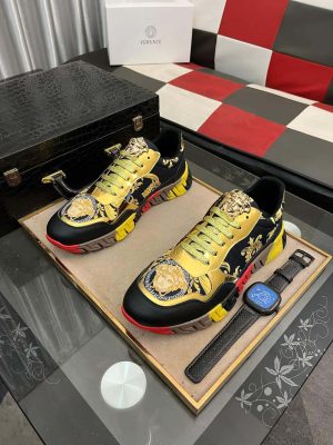 Versace Black and Gold Trigreca Sneakers with Medusa Head and Baroque