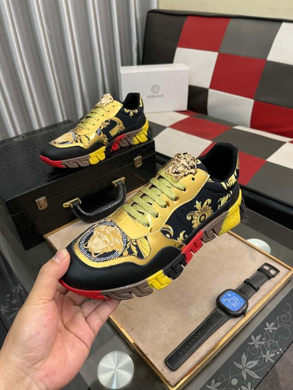 Versace Black and Gold Trigreca Sneakers with Medusa Head and Baroque