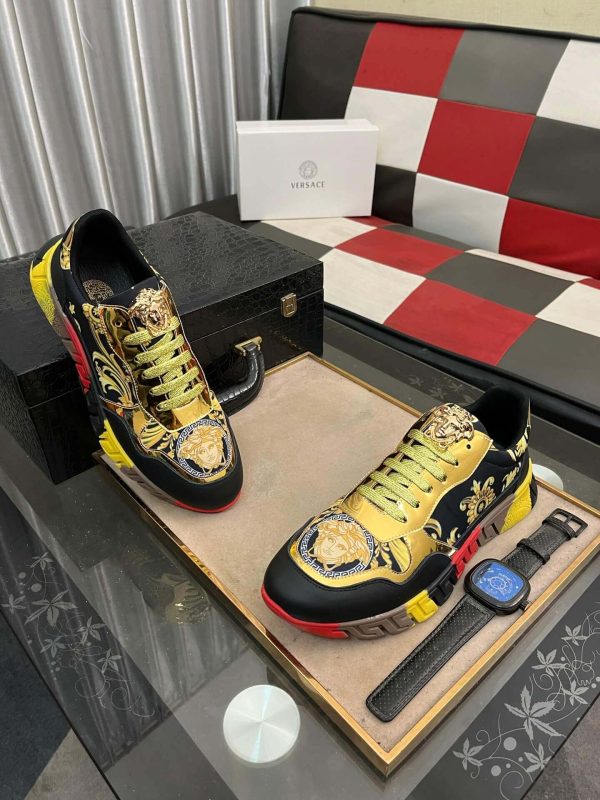 Versace Black and Gold Trigreca Sneakers with Medusa Head and Baroque