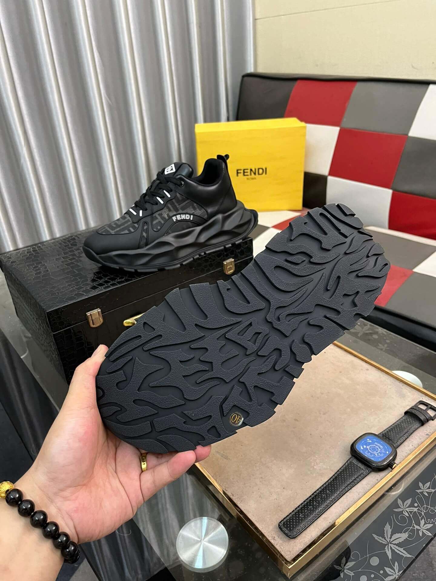 Fendi Chunky Sneaker in Grey FF Jacquard and Black Leather 3 Fendi Chunky Sneaker in Grey FF Jacquard and Black Leather - Image 3