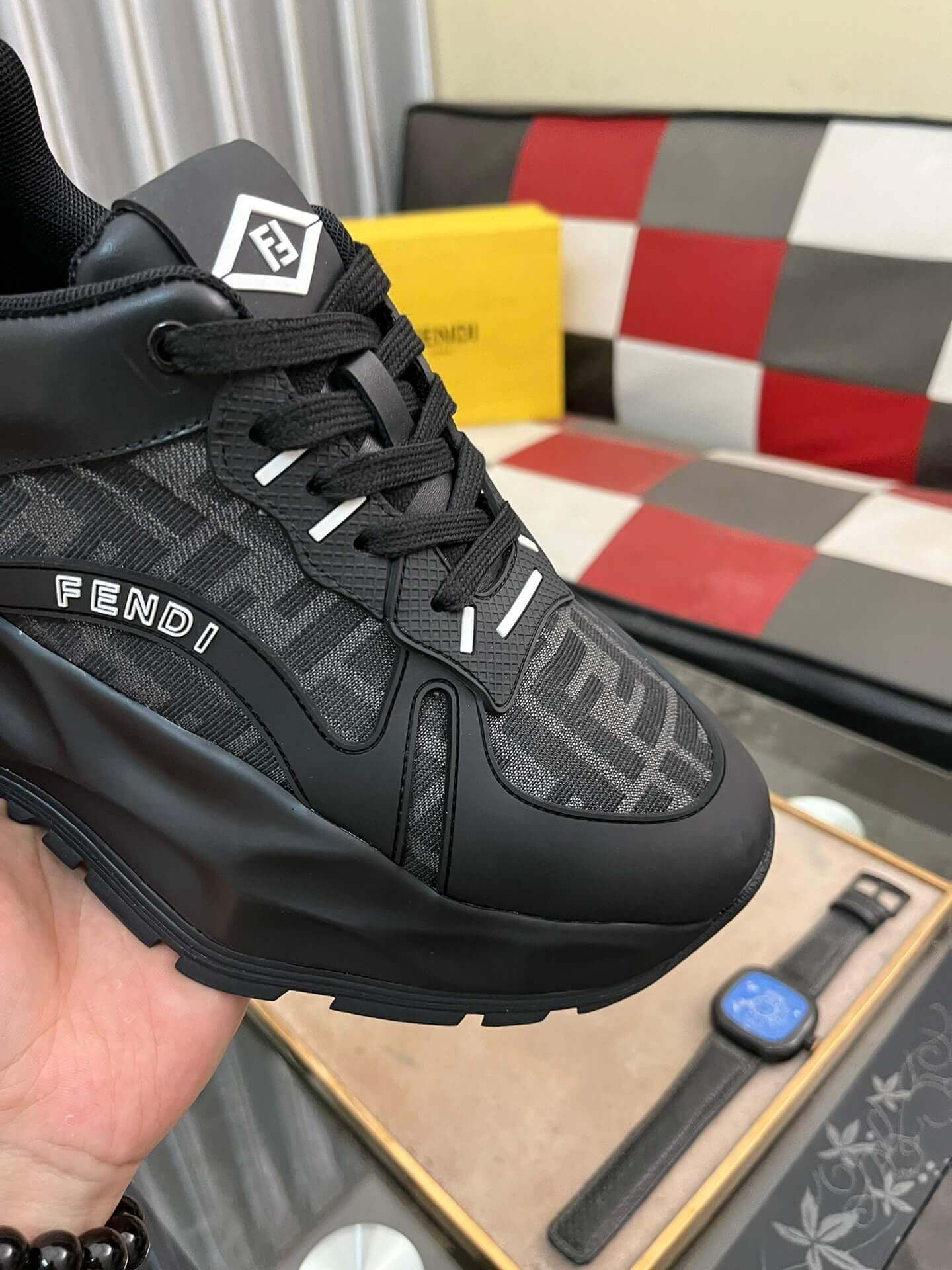 Fendi Chunky Sneaker in Grey FF Jacquard and Black Leather 2 Fendi Chunky Sneaker in Grey FF Jacquard and Black Leather - Image 2