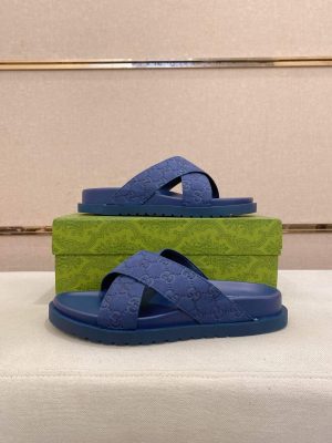 Gucci Blue GG Suede Criss-Crossing Strap Slide Sandal