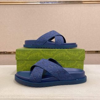 Gucci Blue GG Suede Criss-Crossing Strap Slide Sandal