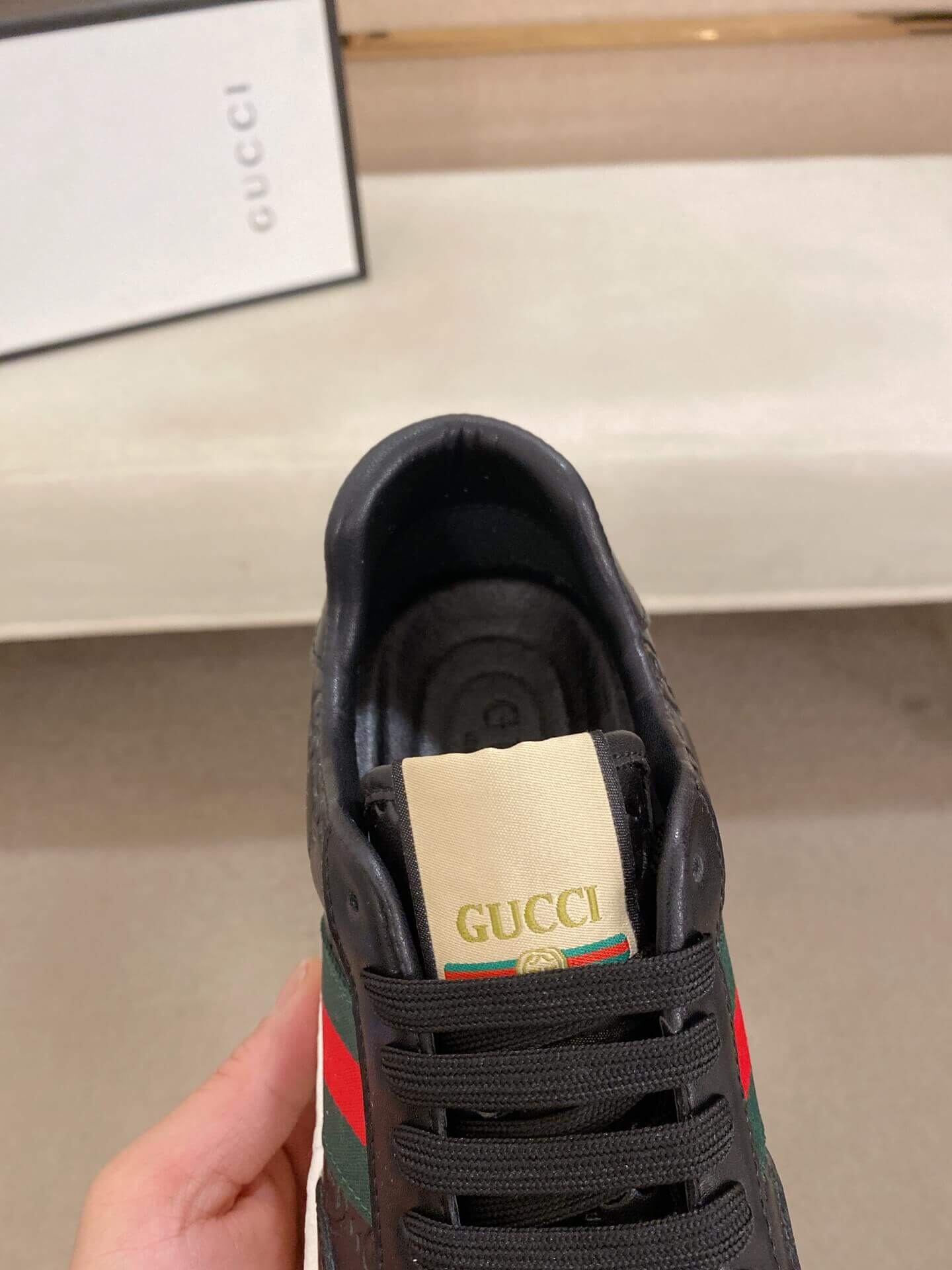 Gucci Black GG Supreme Leather Sneaker with Web 3 Gucci Black GG Supreme Leather Sneaker with Web - Image 3