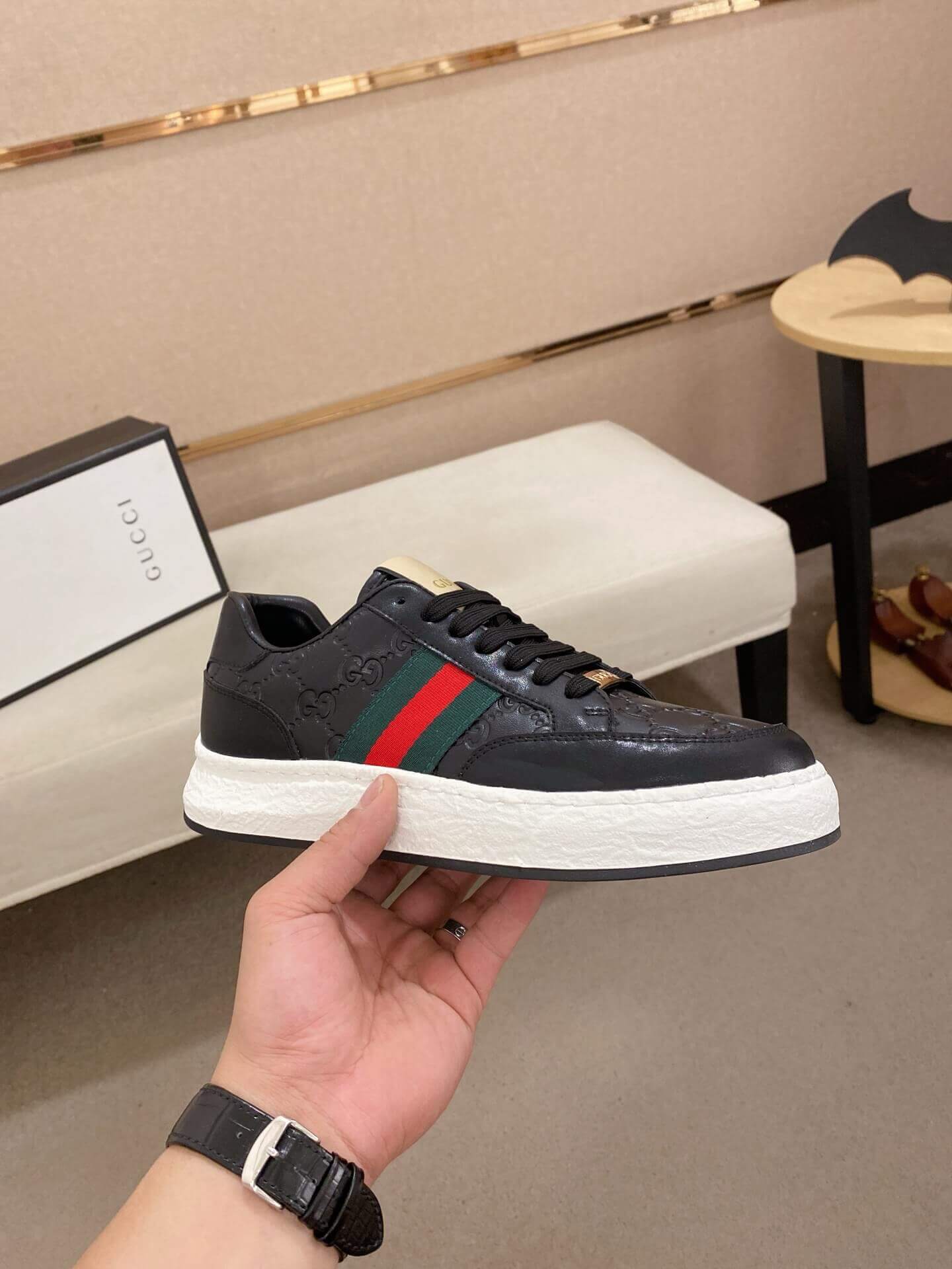 Gucci Black GG Supreme Leather Sneaker with Web 6 Gucci Black GG Supreme Leather Sneaker with Web - Image 6
