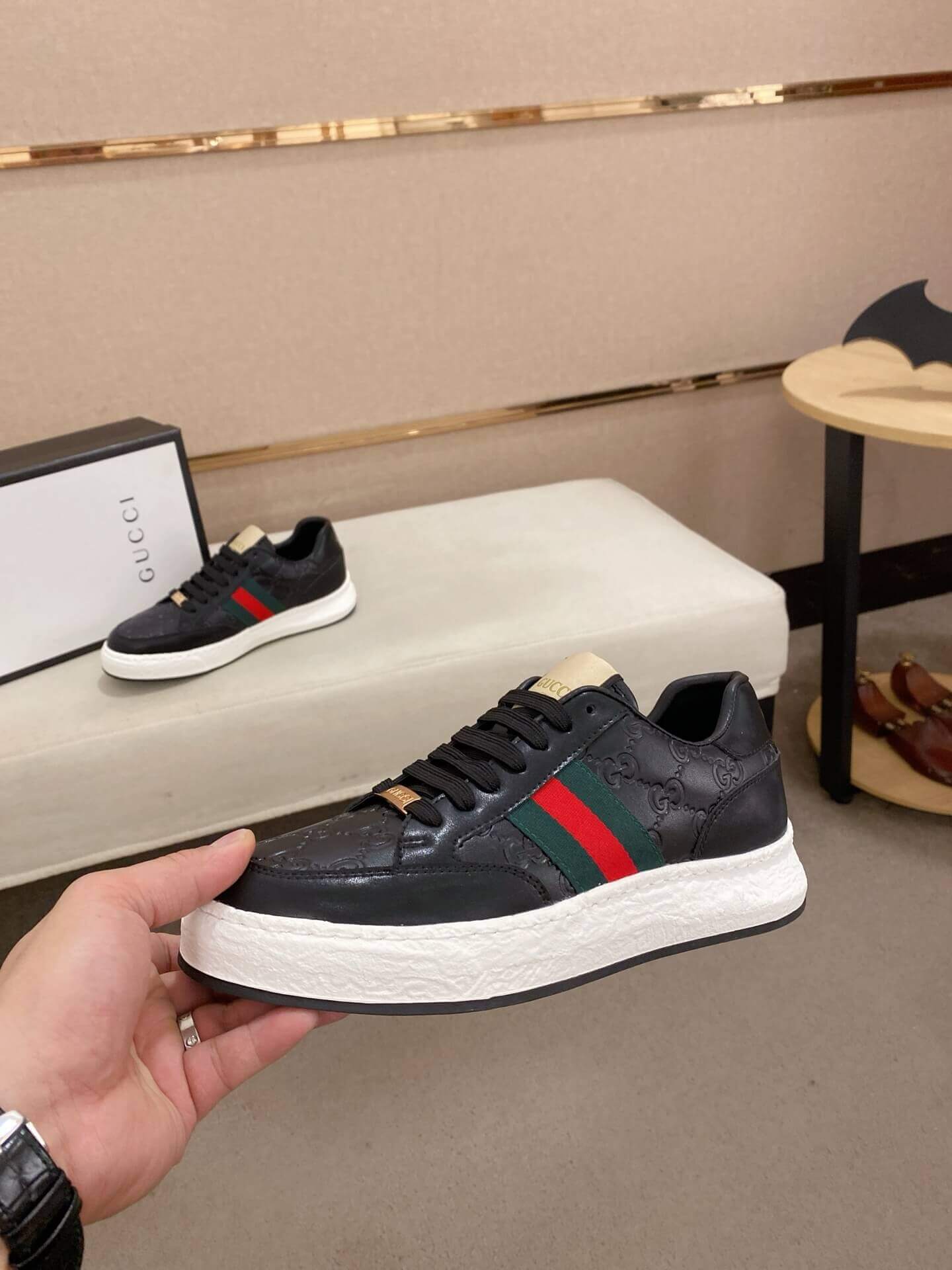 Gucci Black GG Supreme Leather Sneaker with Web 5 Gucci Black GG Supreme Leather Sneaker with Web - Image 5
