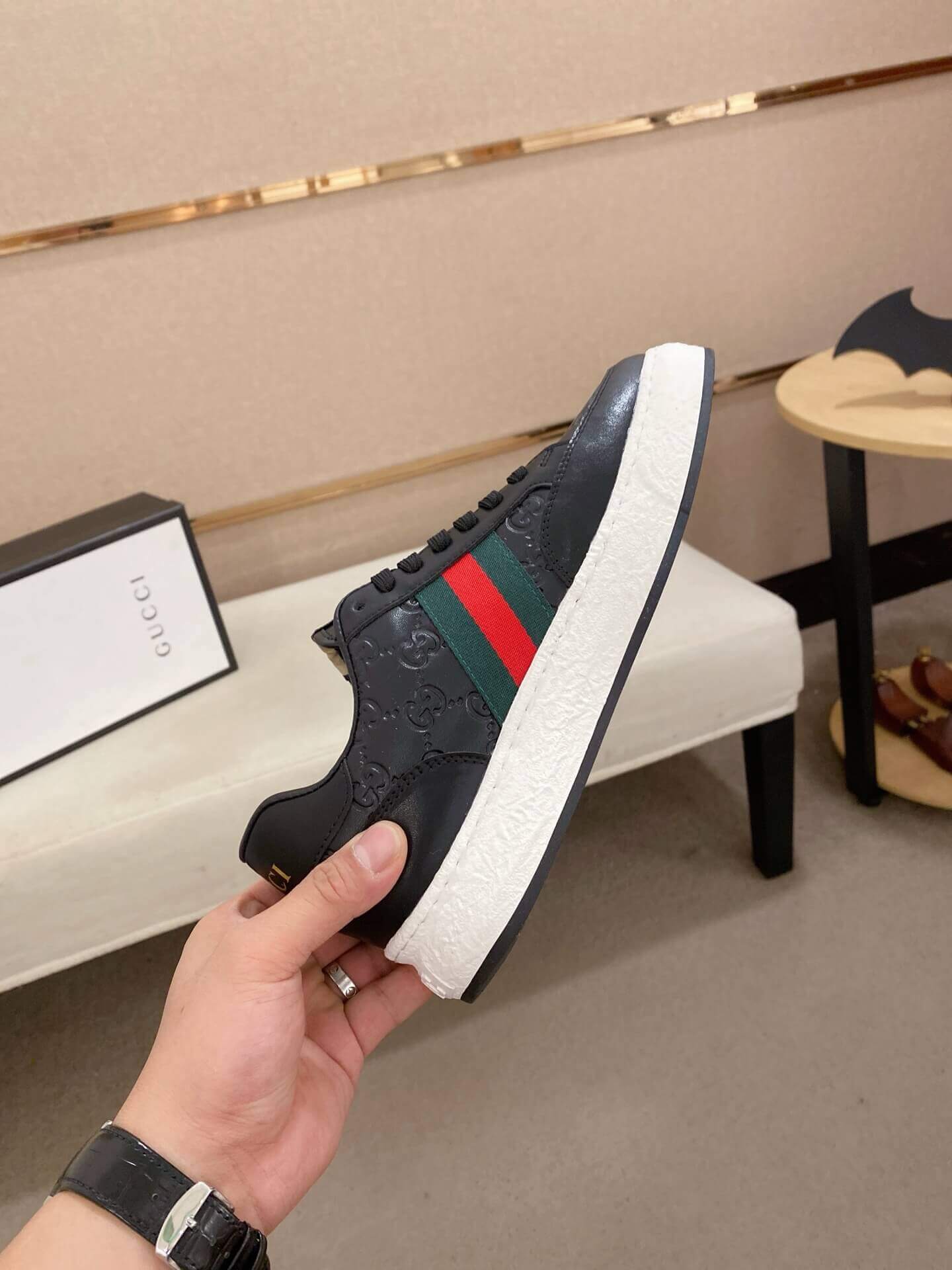 Gucci Black GG Supreme Leather Sneaker with Web 4 Gucci Black GG Supreme Leather Sneaker with Web - Image 4