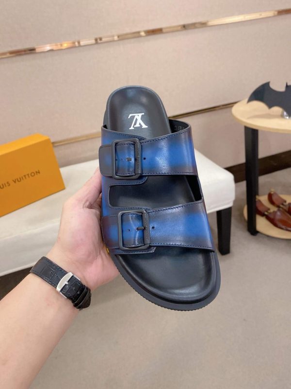 blueLouisVuittonmen_ssandalwithtwoadjustablestrapsandblacksoles_7 LV Venice Mule in Blue Smooth Leather