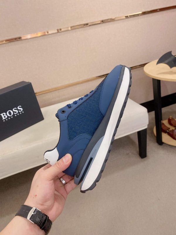 BOSS Mixed Materials Blue Trainer with Jacquard Pattern Canvas