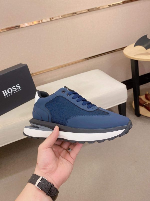 BOSS Mixed Materials Blue Trainer with Jacquard Pattern Canvas