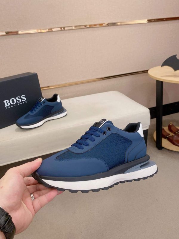 BOSS Mixed Materials Blue Trainer with Jacquard Pattern Canvas
