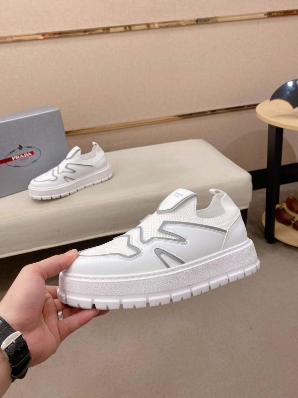 Prada White Techno Knit and Leather Sneakers