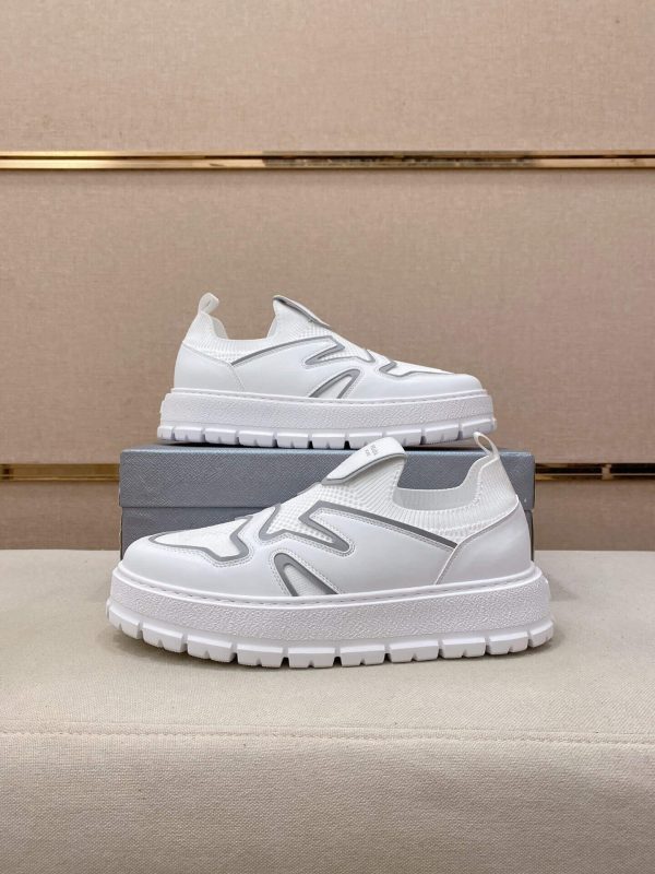 Prada White Techno Knit and Leather Sneakers