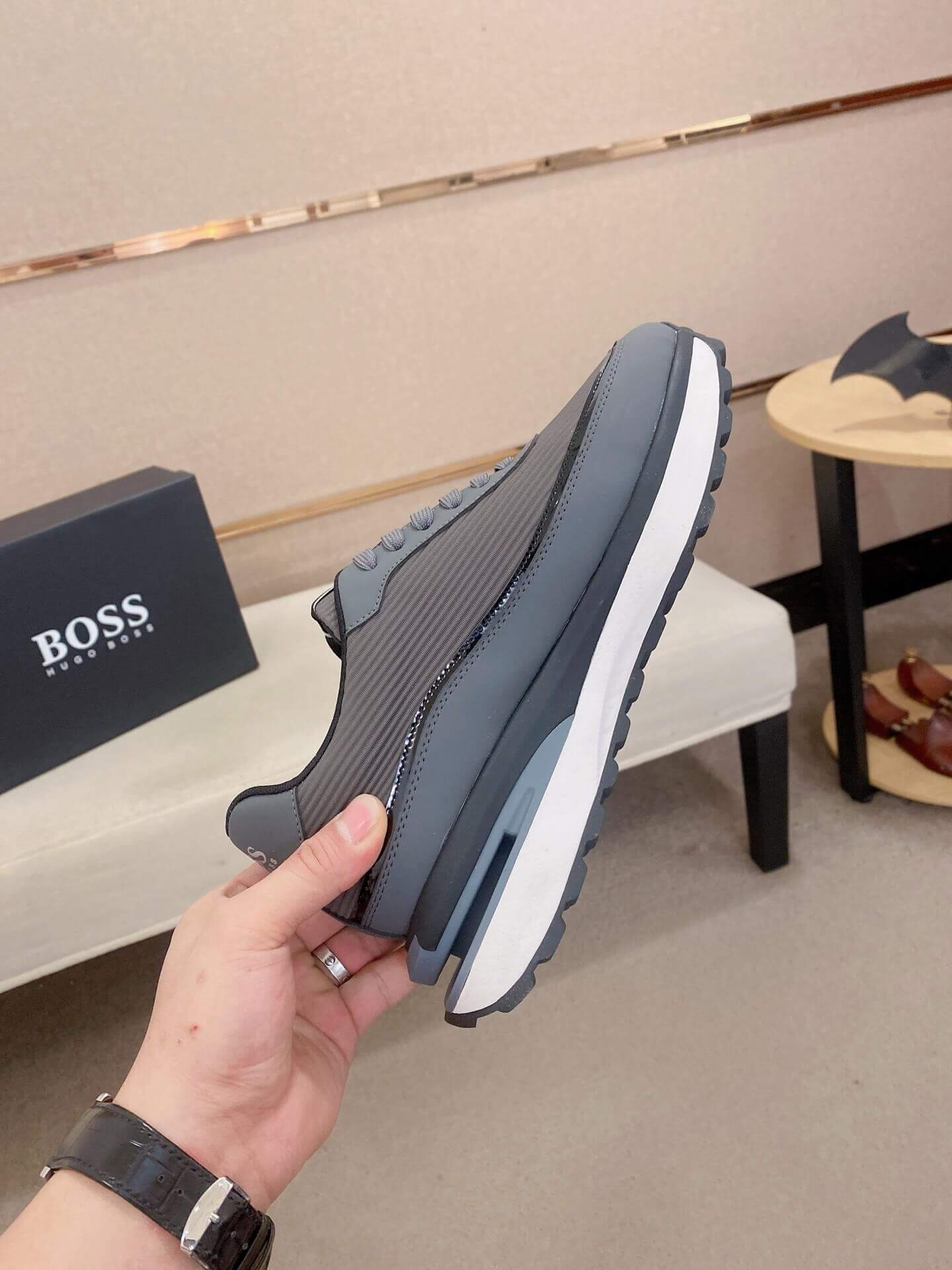 BOSS Mixed Materials Grey Trainer with Knit Upper 3 BOSS Mixed Materials Grey Trainer with Knit Upper - Image 3