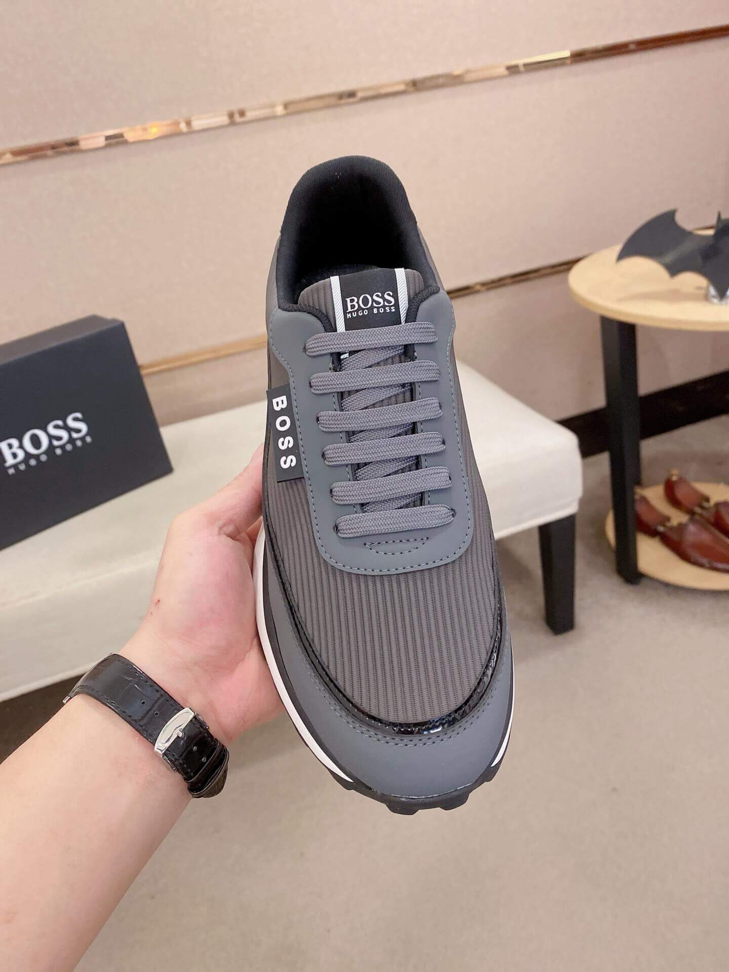 BOSS Mixed Materials Grey Trainer with Knit Upper 2 BOSS Mixed Materials Grey Trainer with Knit Upper - Image 2