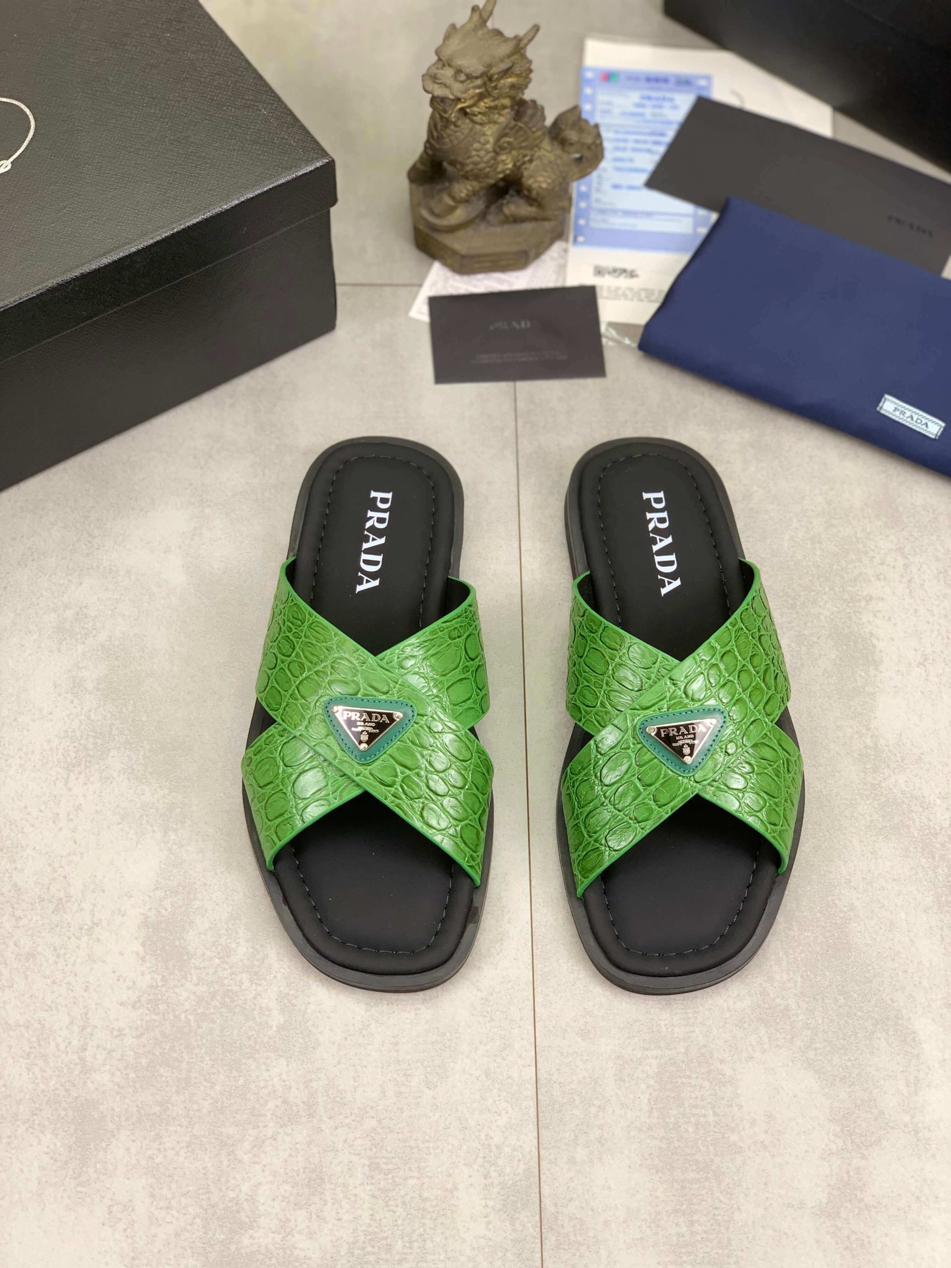 Prada Green Crocodile Leather Crisscross Sandals 1 Prada Green Crocodile Leather Crisscross Sandals