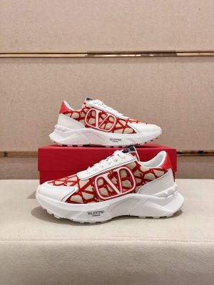 Valentino Garavani True Act Low-Top Trainer in White Nappa Leather And Red and Beige Toile Iconographe Fabric