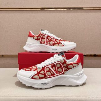 Valentino Garavani True Act Low-Top Trainer in White Nappa Leather And Red and Beige Toile Iconographe Fabric