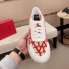 Valentino Garavani True Act Low-Top Trainer in White Nappa Leather And Red and Beige Toile Iconographe Fabric