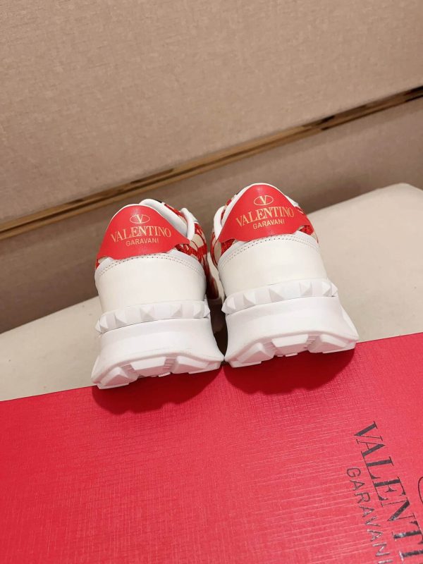 Valentino Garavani True Act Low-Top Trainer in White Nappa Leather And Red and Beige Toile Iconographe Fabric