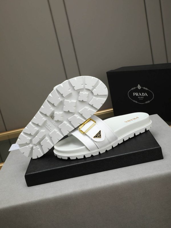 Prada White Leather Buckle Slides