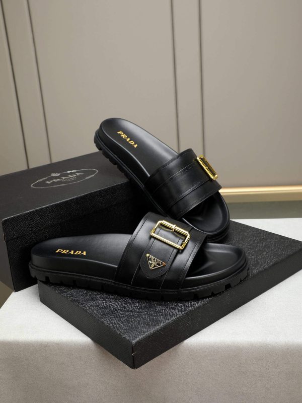 Prada Black Leather Buckle Slides