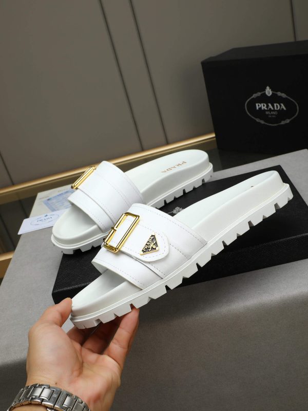 Prada White Leather Buckle Slides