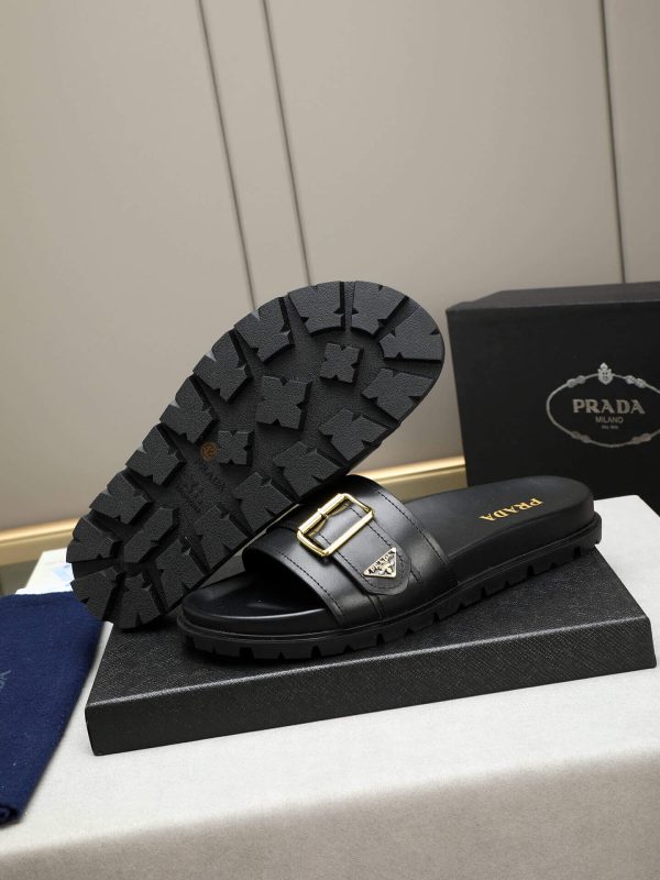 Prada Black Leather Buckle Slides