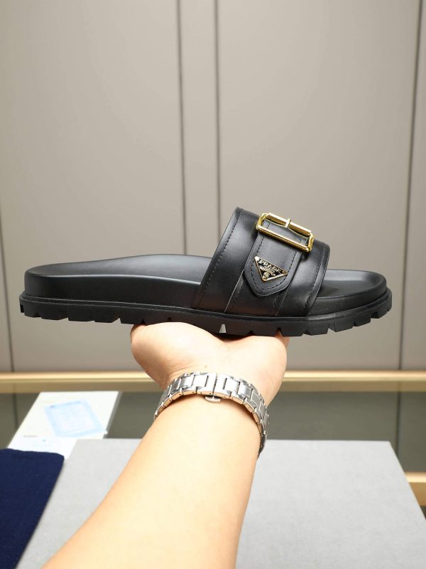 Prada Black Leather Buckle Slides