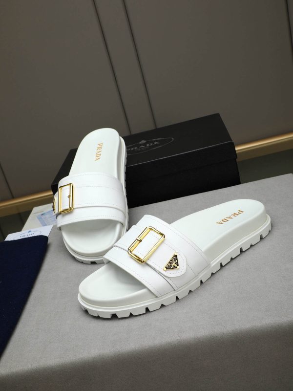 Prada White Leather Buckle Slides