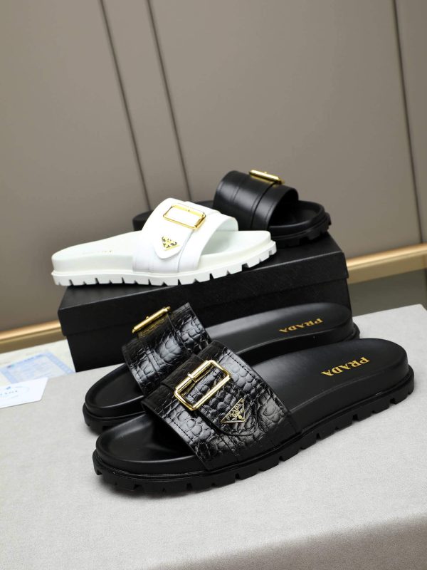 Prada Black Leather Buckle Slides