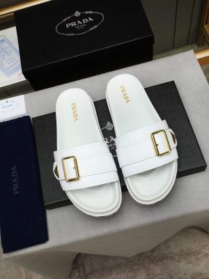 Prada White Leather Buckle Slides