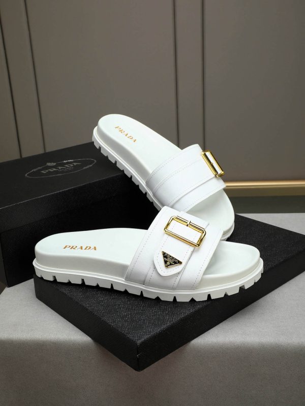 Prada White Leather Buckle Slides