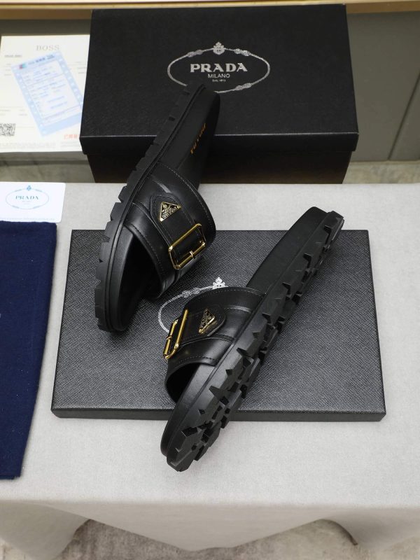 Prada Black Leather Buckle Slides