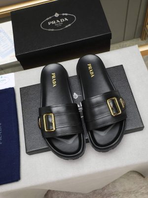 Prada Black Leather Buckle Slides