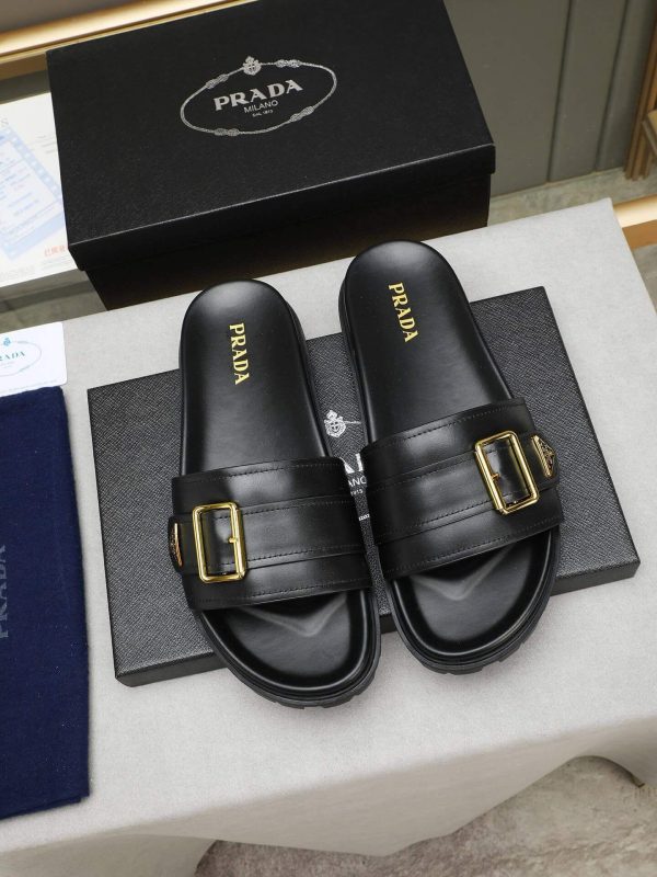 Prada Black Leather Buckle Slides