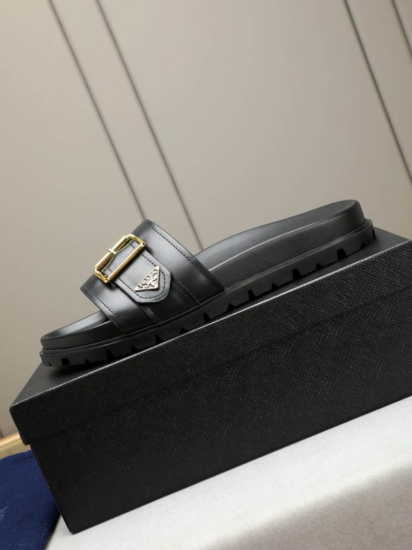 Prada Black Leather Buckle Slides