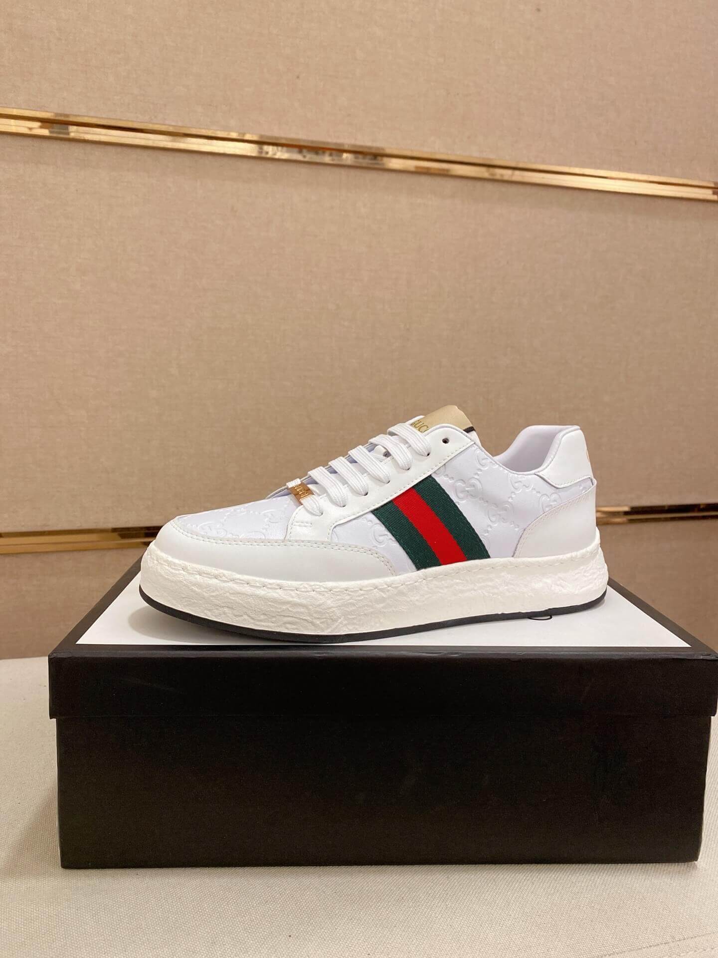 Gucci White GG Supreme Leather Sneaker with Web 7 Gucci White GG Supreme Leather Sneaker with Web - Image 7