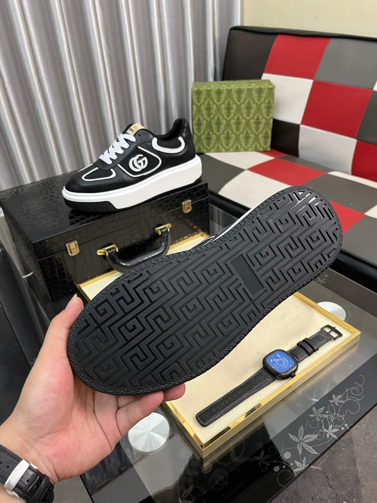 Gucci Men's Sneaker - Interlocking G Chunky - Black Leather Low-Top 8 Gucci GG Chunky Men's Black And White Low Top Sneakers.